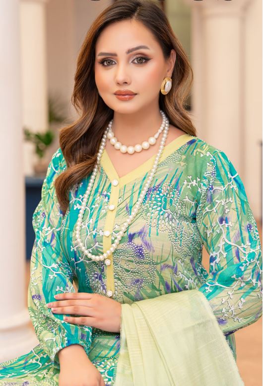 Zabarjad - Premium Unstitched Green Airjet Slub Lawn 3PC | House Of Ayra