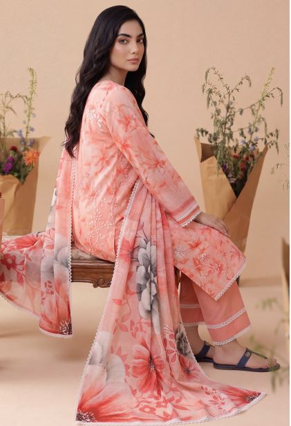 Peach Vignette - Premium Unstitched Airjet Slub Lawn 3PC | House Of Ayra