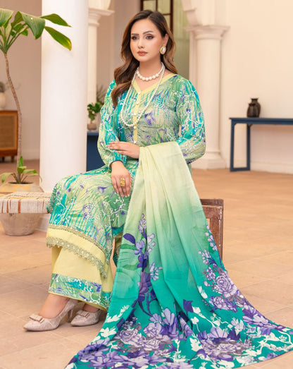 Zabarjad - Premium Unstitched Green Airjet Slub Lawn 3PC | House Of Ayra