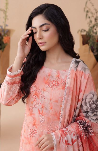 Peach Vignette - Premium Unstitched Airjet Slub Lawn 3PC | House Of Ayra
