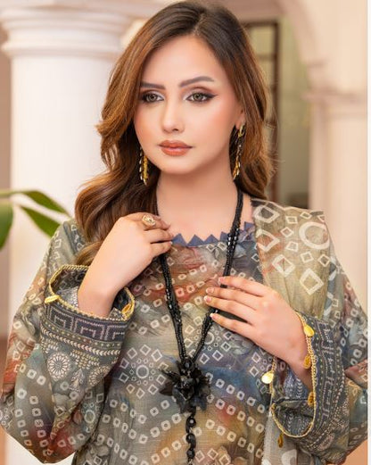 Kashish - Premium Unstitched Olive Chunri Airjet Slub Lawn 3PC | House Of Ayra