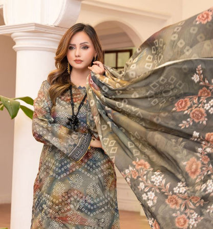 Kashish - Premium Unstitched Olive Chunri Airjet Slub Lawn 3PC | House Of Ayra