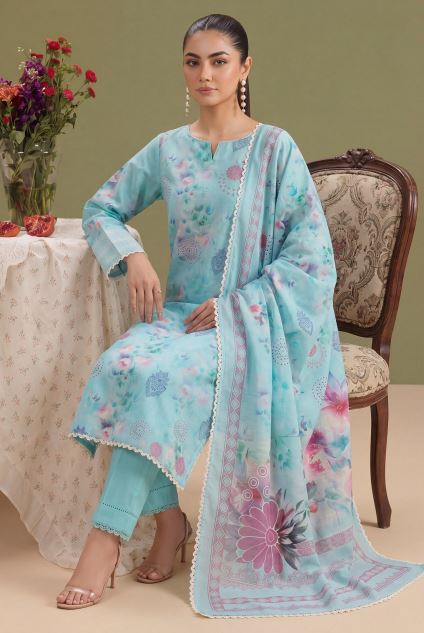 Azure Haze - Premium Unstitched Airjet Slub Lawn 3PC | House Of Ayra