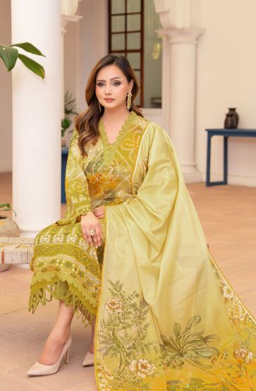 Zaitooni - Premium Unstitched Olive Green Airjet Slub Lawn 3PC | House Of Ayra
