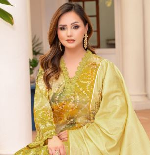 Zaitooni - Premium Unstitched Olive Green Airjet Slub Lawn 3PC | House Of Ayra