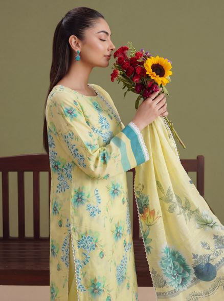 Citron Bloom-  Premium Unstitched Airjet Slub Lawn 3PC | House Of Ayra