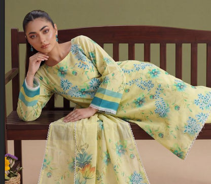 Citron Bloom-  Premium Unstitched Airjet Slub Lawn 3PC | House Of Ayra
