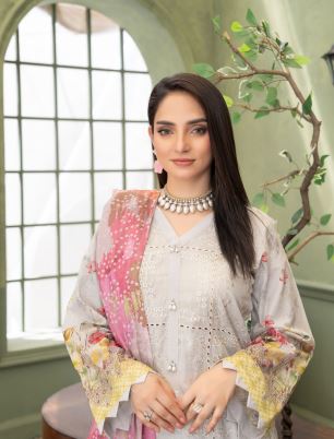 Grey Mist  -  Luxury Digital Print Lawn Shirt with Fancy Embroidery