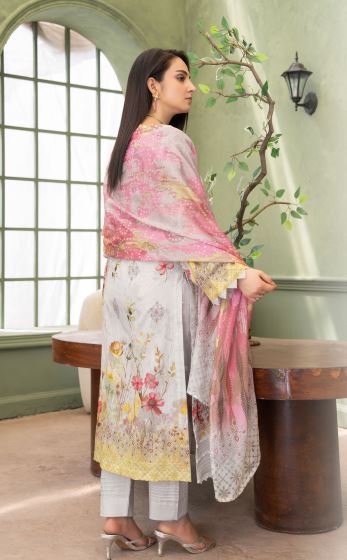 Grey Mist  -  Luxury Digital Print Lawn Shirt with Fancy Embroidery