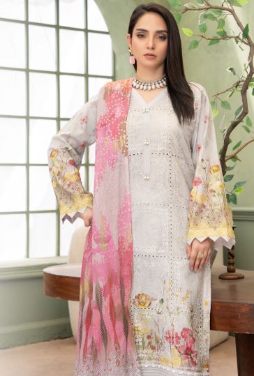 Grey Mist  -  Luxury Digital Print Lawn Shirt with Fancy Embroidery