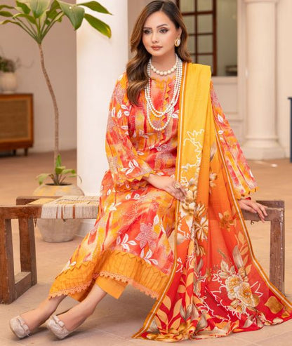 Shafaq - Premium Unstitched Peach Airjet Slub Lawn 3PC | House Of Ayra