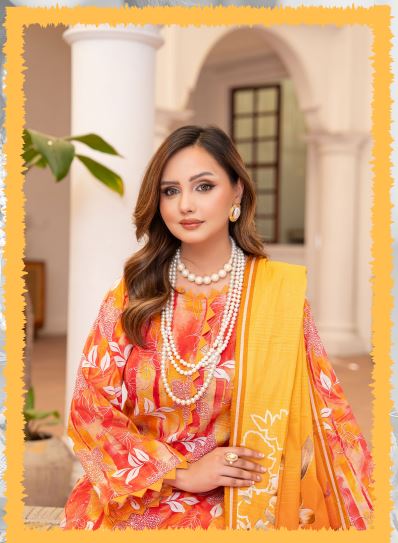 Solar Bloom - Premium Unstitched Peach Airjet Slub Lawn 3PC | House Of Ayra