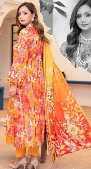 Shafaq - Premium Unstitched Peach Airjet Slub Lawn 3PC | House Of Ayra