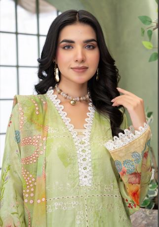 Lime Bloom -  Luxury Digital Print Lawn Shirt with Fancy Embroidery
