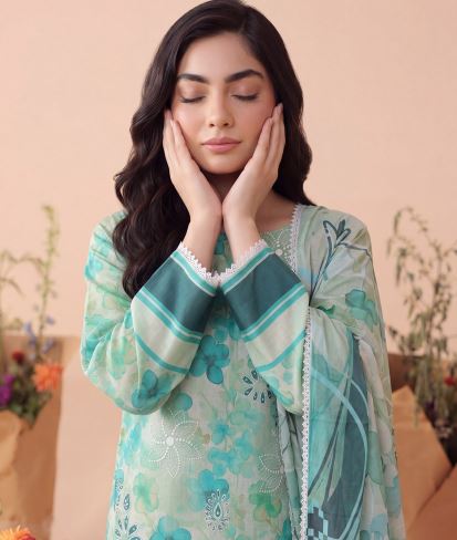 Mint Oasis - Premium Unstitched Airjet Slub Lawn 3PC | House Of Ayra