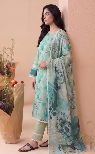 Mint Oasis - Premium Unstitched Airjet Slub Lawn 3PC | House Of Ayra