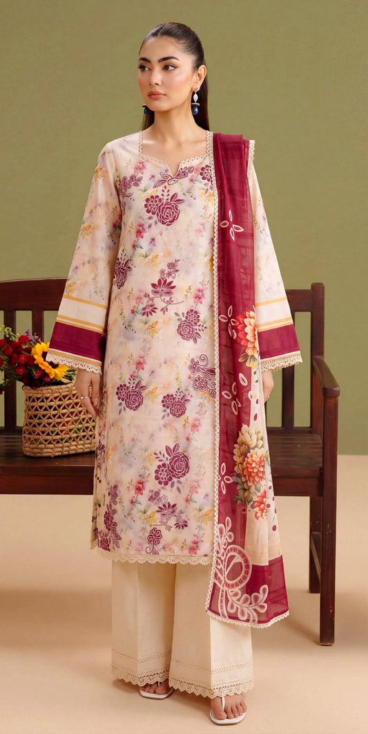 Ivory Dahlia Lawn Suit – 3 Piece Unstitched