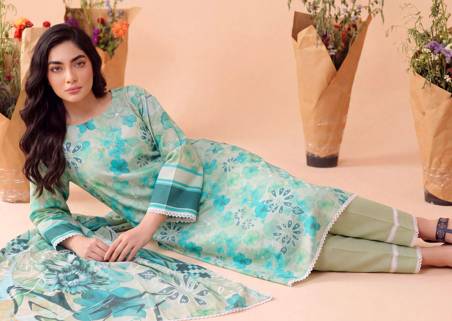 Mint Oasis Lawn Suit – 3 Piece Unstitched