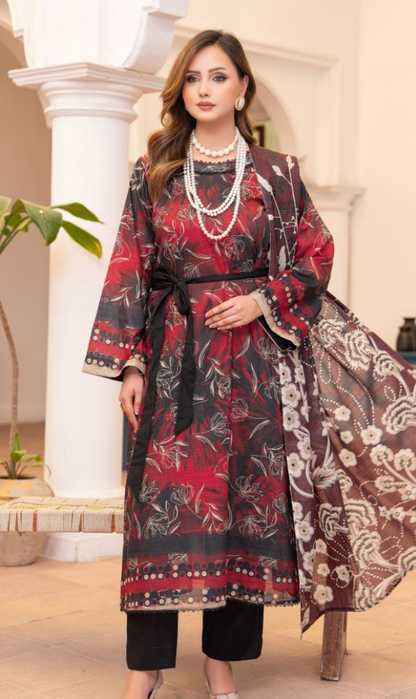 Noir Dahlia - Premium Unstitched Black Airjet Slub Lawn 3PC | House Of Ayra