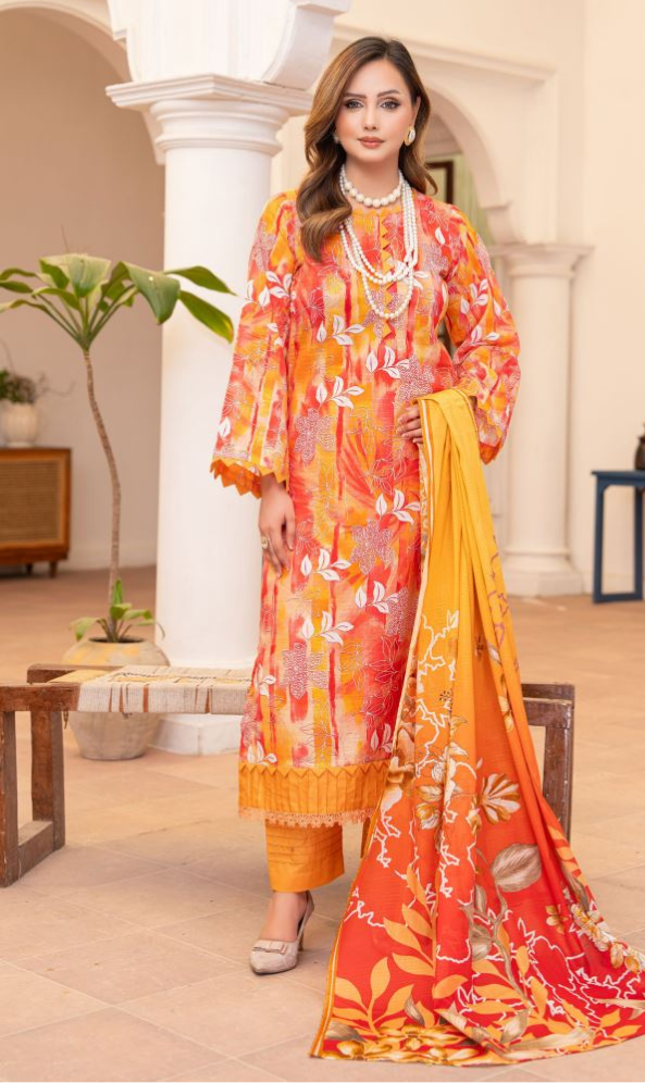 Solar Bloom - Premium Unstitched Peach Airjet Slub Lawn 3PC | House Of Ayra