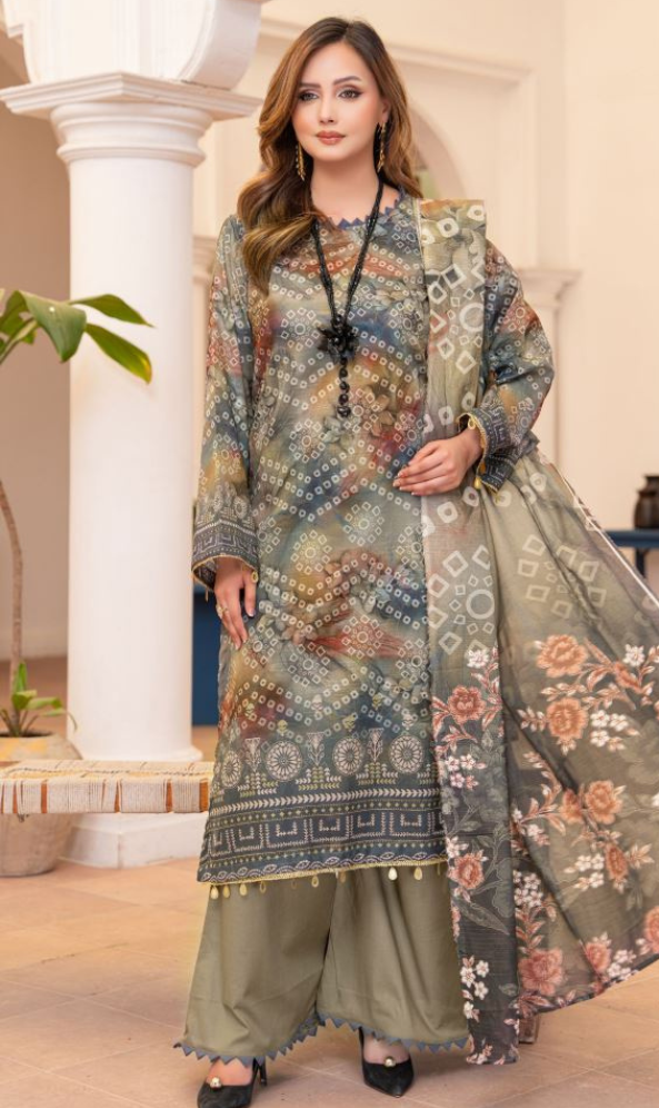 Sage Fusion - Premium Unstitched Olive Chunri Airjet Slub Lawn 3PC | House Of Ayra