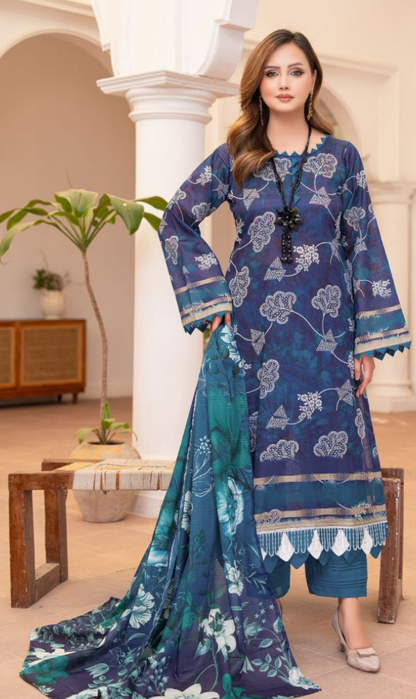 Dusk Sapphire - Premium Unstitched Royal Blue Airjet Slub Lawn 3PC | House Of Ayra