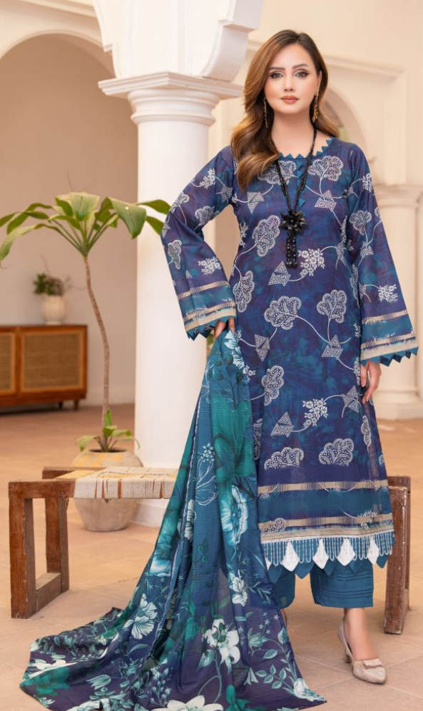 Dusk Sapphire - Premium Unstitched Royal Blue Airjet Slub Lawn 3PC | House Of Ayra