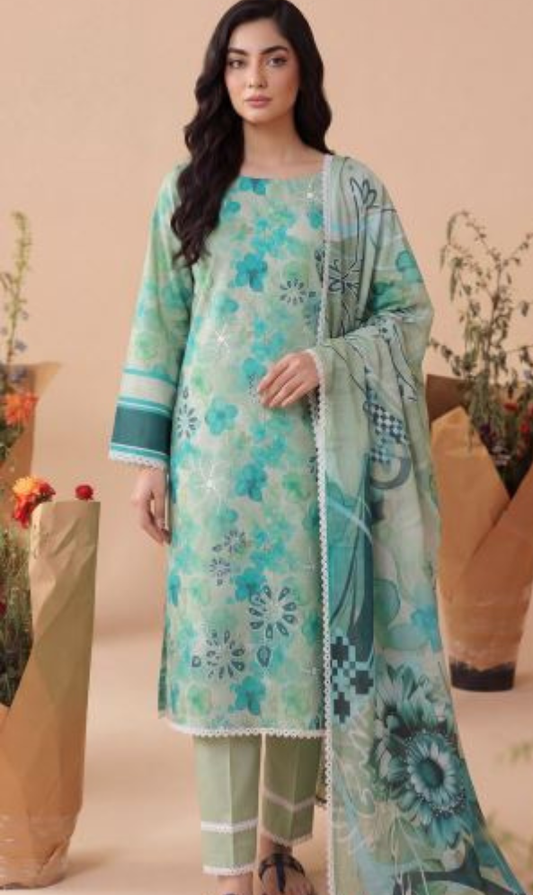 Mint Oasis - Premium Unstitched Airjet Slub Lawn 3PC | House Of Ayra