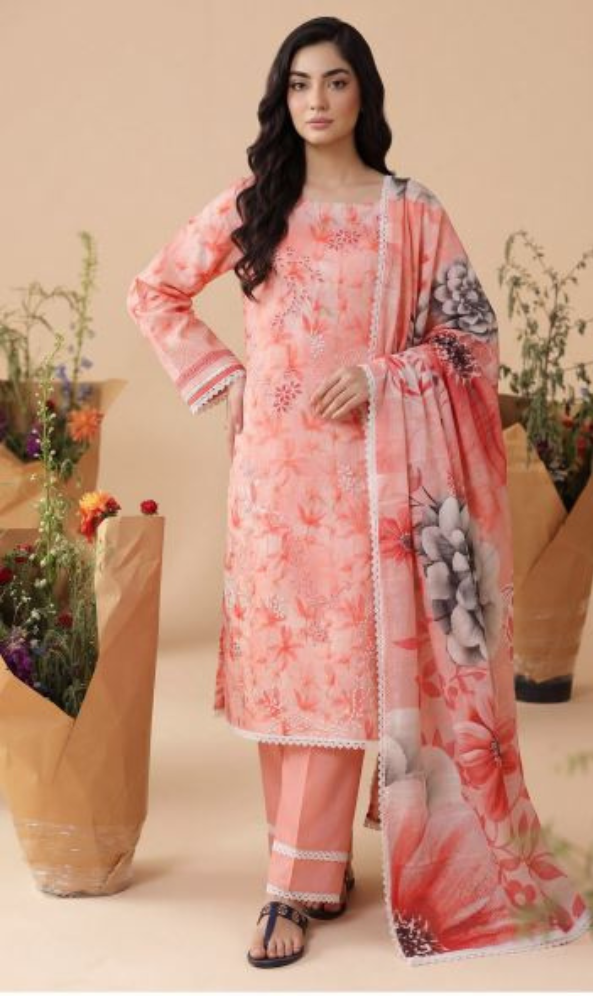 Peach Vignette - Premium Unstitched Airjet Slub Lawn 3PC | House Of Ayra
