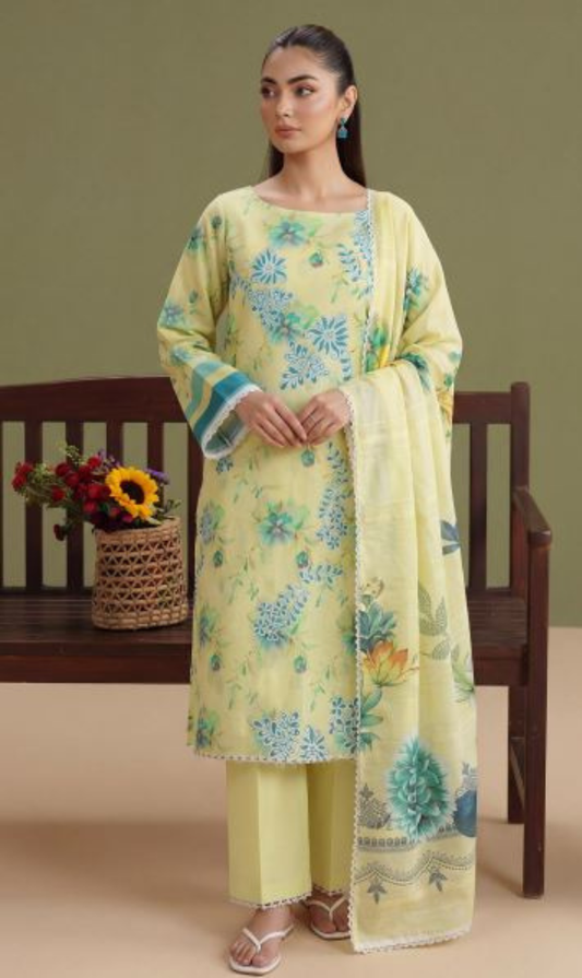 Citron Bloom-  Premium Unstitched Airjet Slub Lawn 3PC | House Of Ayra