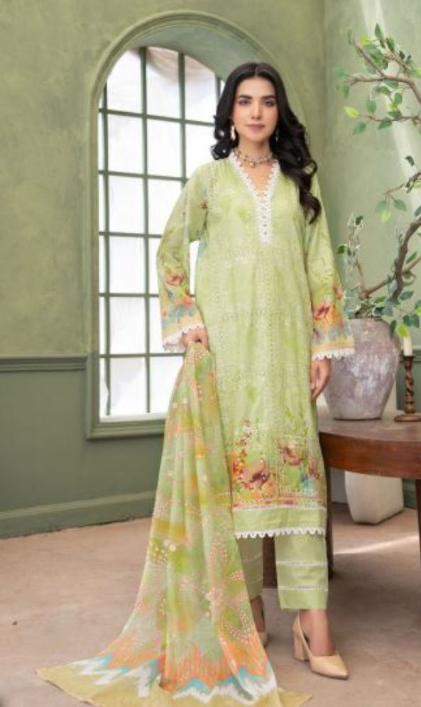 Lime Bloom -  Luxury Digital Print Lawn Shirt with Fancy Embroidery