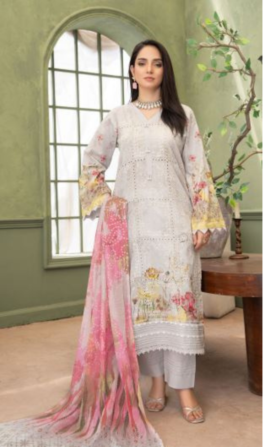 Grey Mist  -  Luxury Digital Print Lawn Shirt with Fancy Embroidery