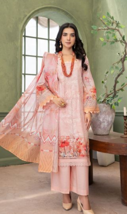 Peach Kiran -  Luxury Digital Print Lawn Shirt with Fancy Embroidery