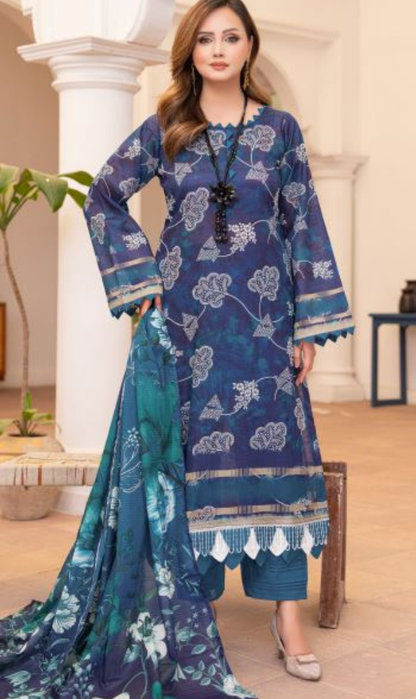 Lajward - Premium Unstitched Royal Blue Airjet Slub Lawn 3PC | House Of Ayra
