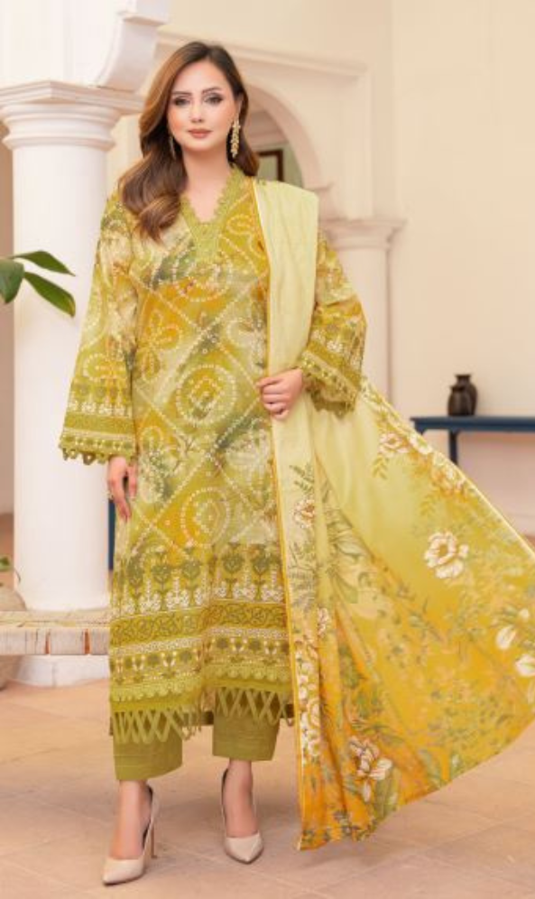 Zaitooni - Premium Unstitched Olive Green Airjet Slub Lawn 3PC | House Of Ayra
