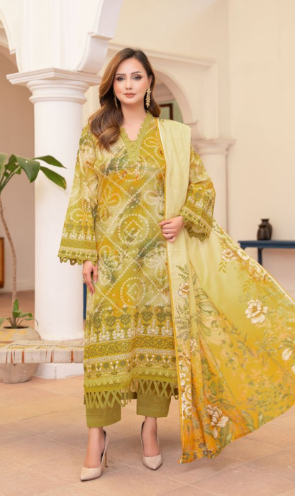 Amber Ochre - Premium Unstitched Olive Green Airjet Slub Lawn 3PC | House Of Ayra