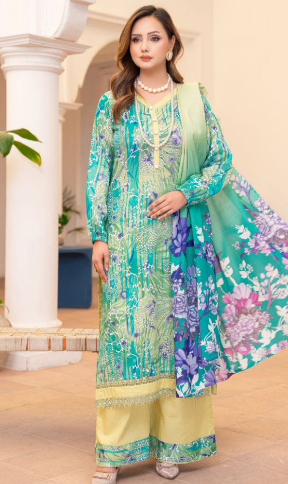 Emerald Baagh - Premium Unstitched Green Airjet Slub Lawn 3PC | House Of Ayra
