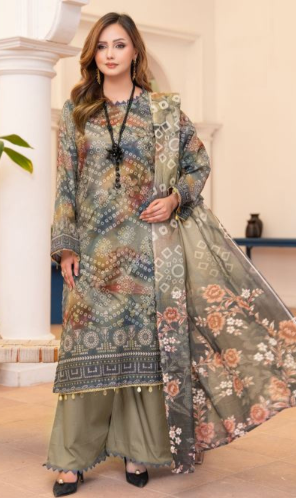 Kashish - Premium Unstitched Olive Chunri Airjet Slub Lawn 3PC | House Of Ayra
