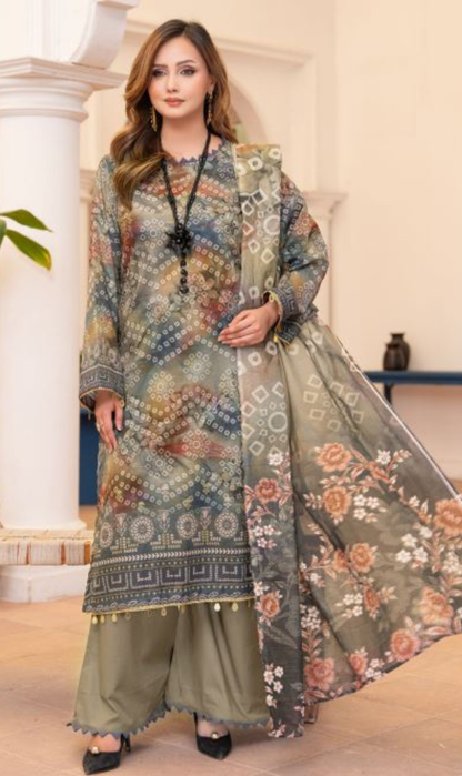 Kashish - Premium Unstitched Olive Chunri Airjet Slub Lawn 3PC | House Of Ayra