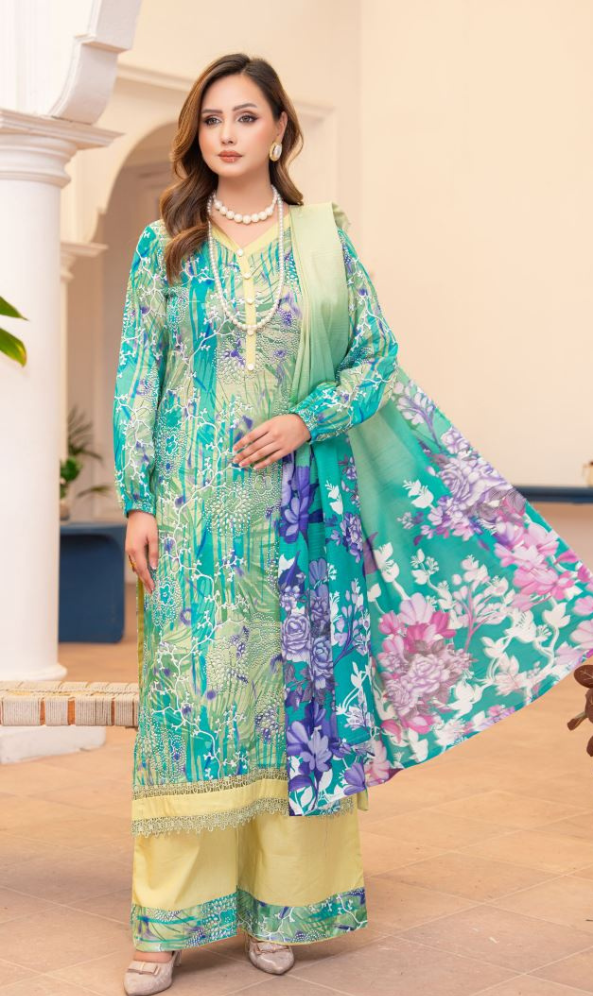 Zabarjad - Premium Unstitched Green Airjet Slub Lawn 3PC | House Of Ayra