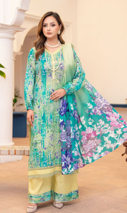 Zabarjad - Premium Unstitched Green Airjet Slub Lawn 3PC | House Of Ayra
