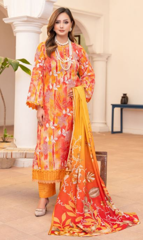 Shafaq - Premium Unstitched Peach Airjet Slub Lawn 3PC | House Of Ayra